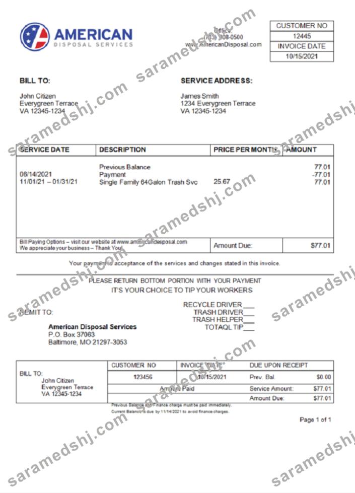 USA American Disposal invoice